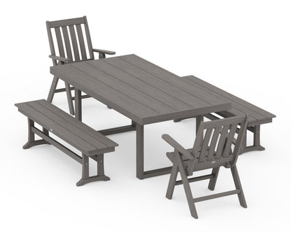 POLYWOOD Vineyard Folding Chair 5-Piece Dining Set with Benches in Driftwood