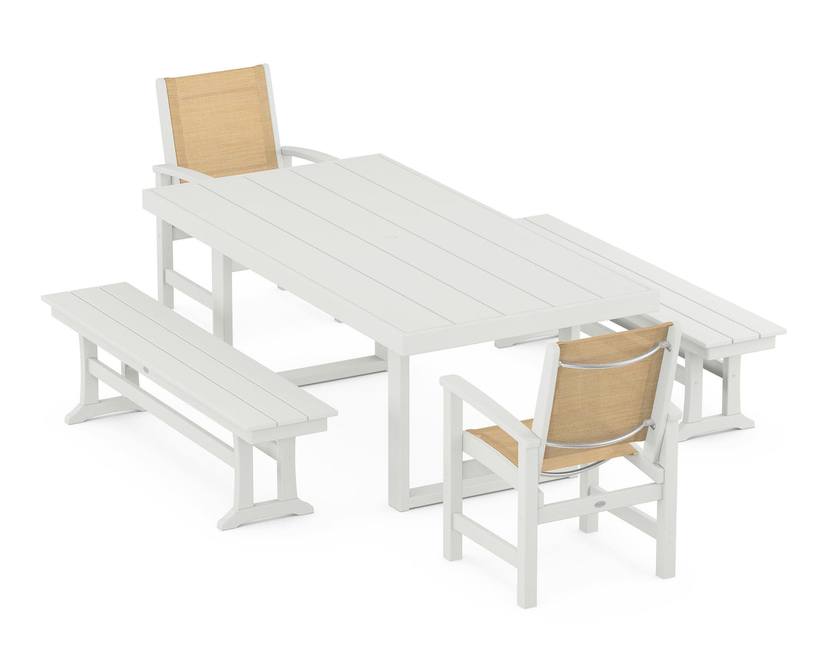 POLYWOOD Coastal 5-Piece Dining Set with Trestle Legs with EDGE 40" x 78" Dining Table in Vintage White / Dupioni Apricot