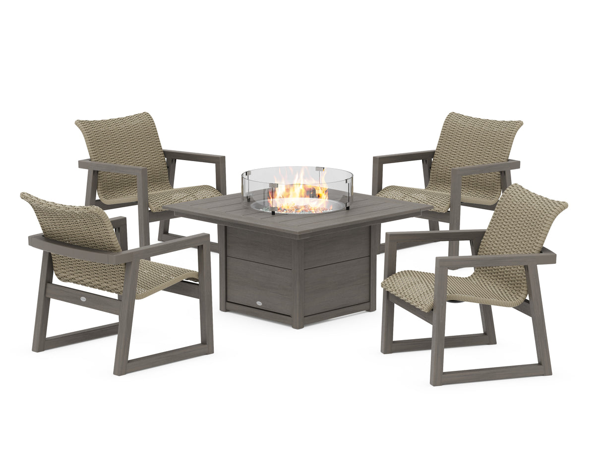 POLYWOOD EDGE Woven 5-Piece Lounge Chair Seating Set with Fire Pit Table in Driftwood / Dune Grass