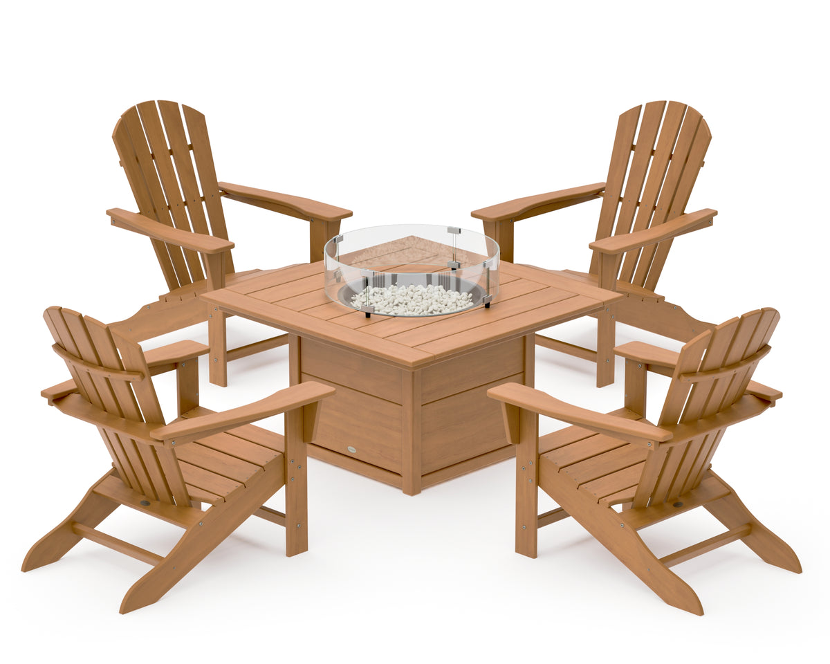 POLYWOOD Palm Coast 5-Piece Adirondack Chair Conversation Set with Fire Pit Table in Natural