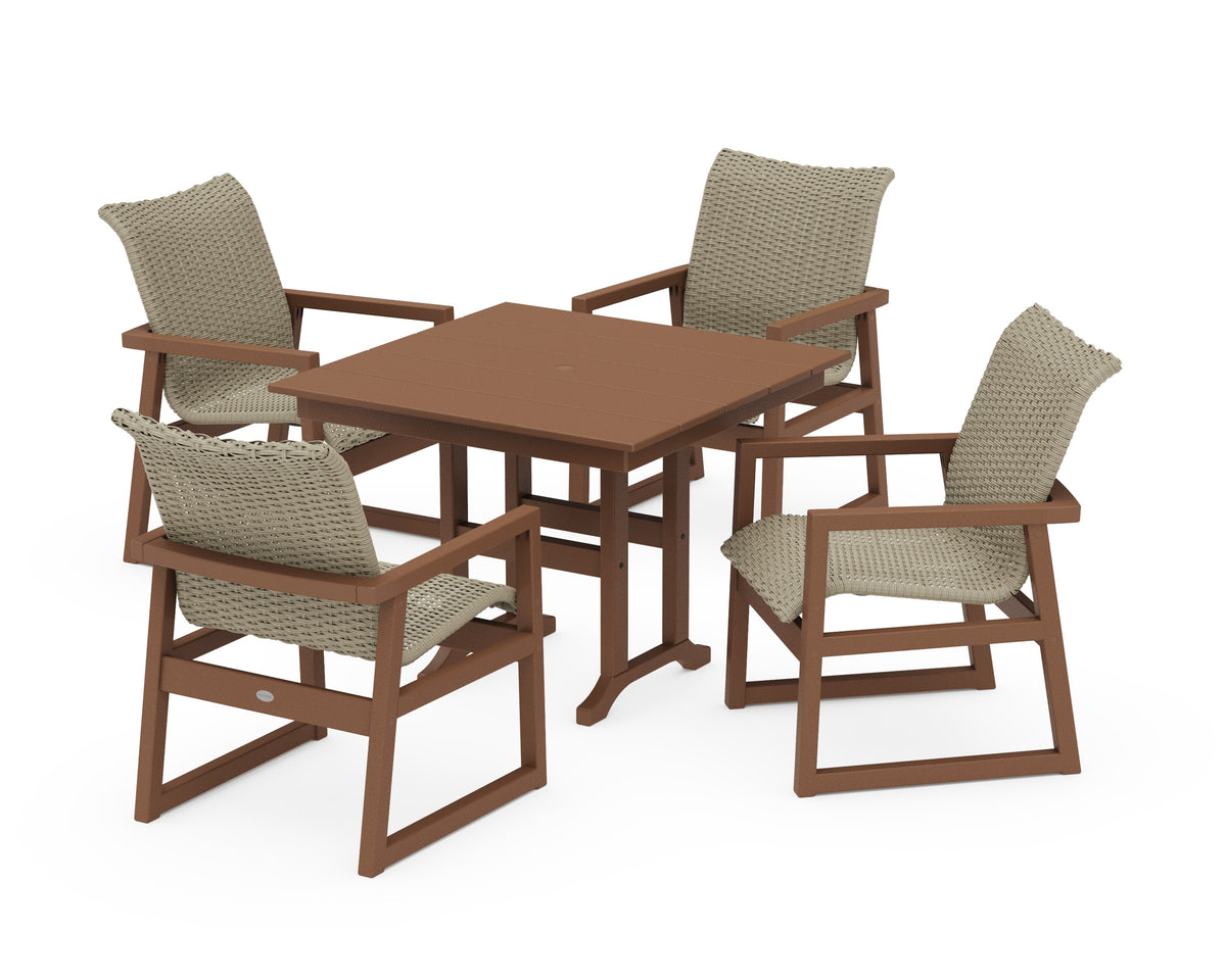 POLYWOOD EDGE Woven 5-Piece Farmhouse Dining Set in Teak / Dune Grass