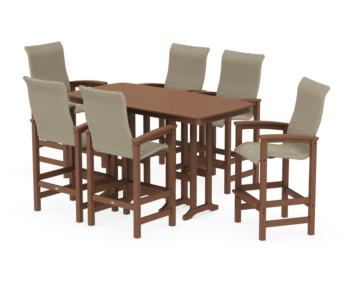 POLYWOOD Coastal Woven High-Back Arm Chair 7-Piece Bar Set in Teak / Dune Grass