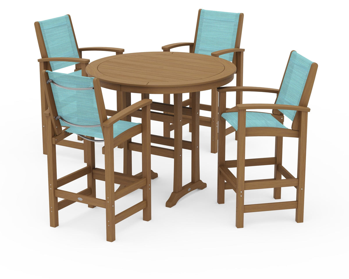 POLYWOOD Coastal 5-Piece Nautical Trestle Bar Set in Natural / Dupioni Aquamarine