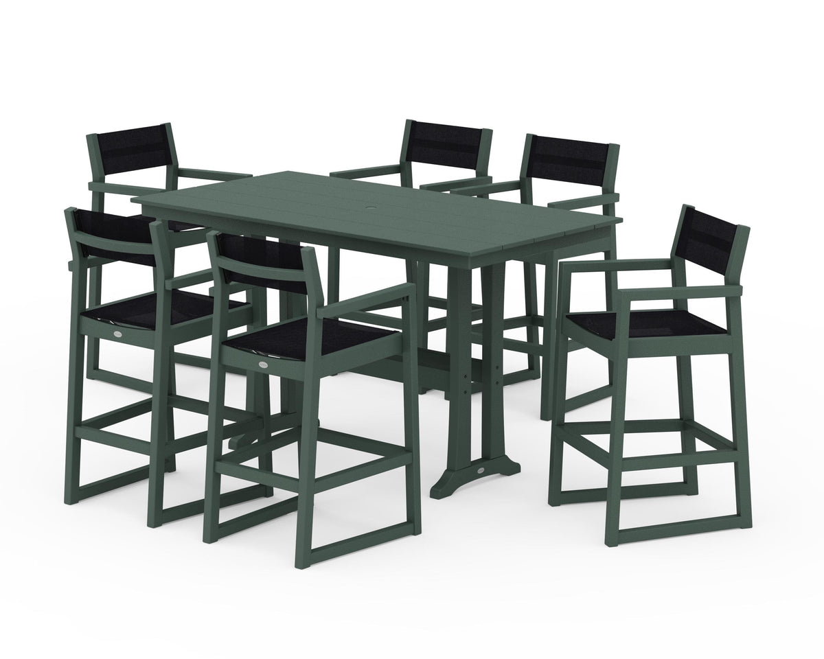 POLYWOOD EDGE Sling Arm Chair 7-Piece Farmhouse Bar Set with Trestle Legs in Green / Black