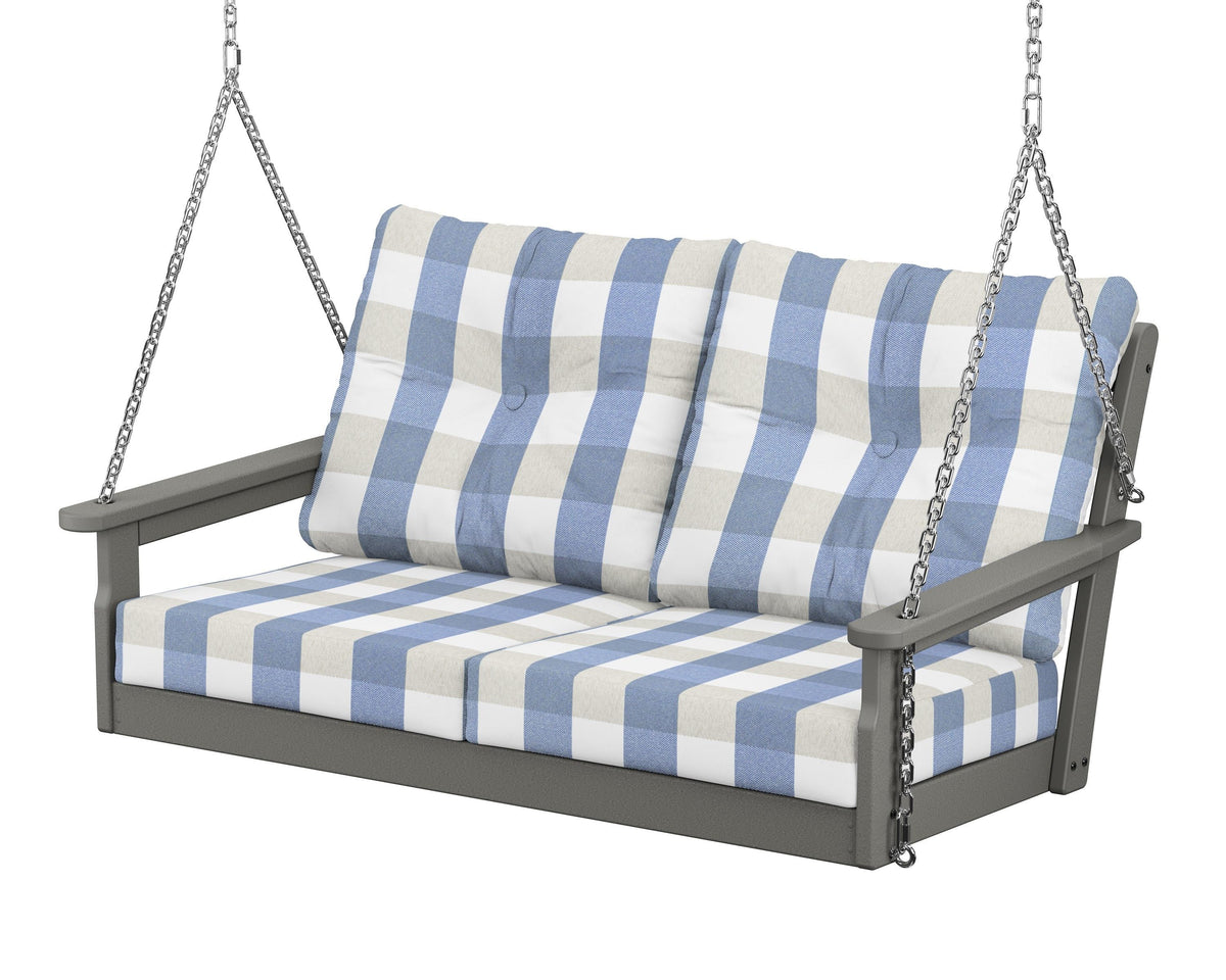 POLYWOOD Vineyard Deep Seating Swing in Slate Grey / Buffalo Plaid Sky Blue