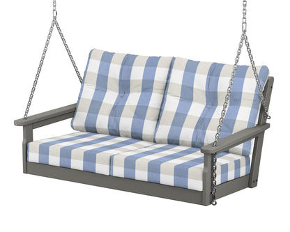 POLYWOOD Vineyard Deep Seating Swing in Slate Grey / Buffalo Plaid Sky Blue