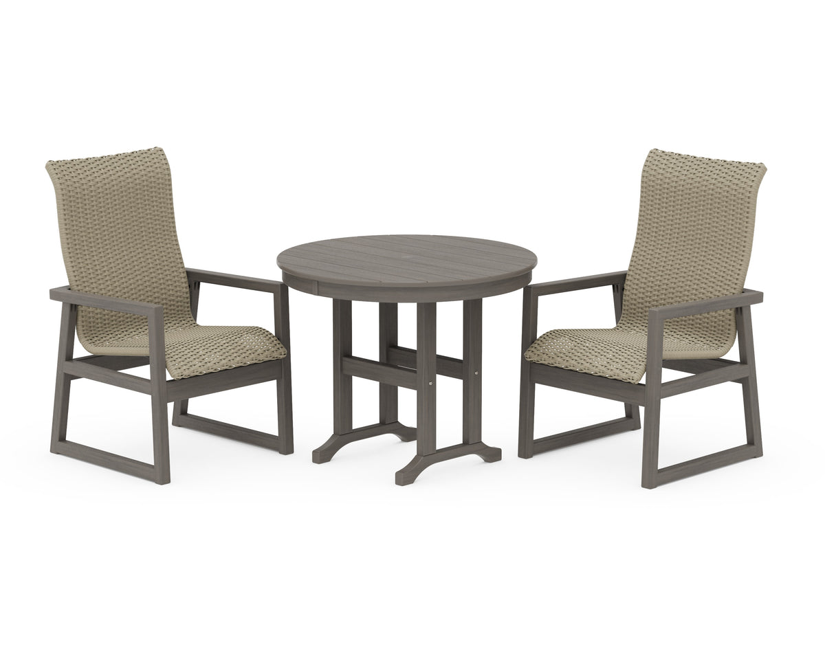 POLYWOOD EDGE Woven High-Back 3-Piece Farmhouse Dining Set in Driftwood / Dune Grass