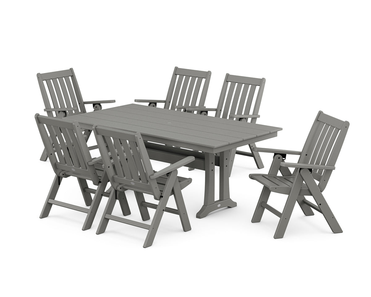 POLYWOOD Vineyard Folding Chair 7-Piece Farmhouse Dining Set with Trestle Legs in Slate Grey