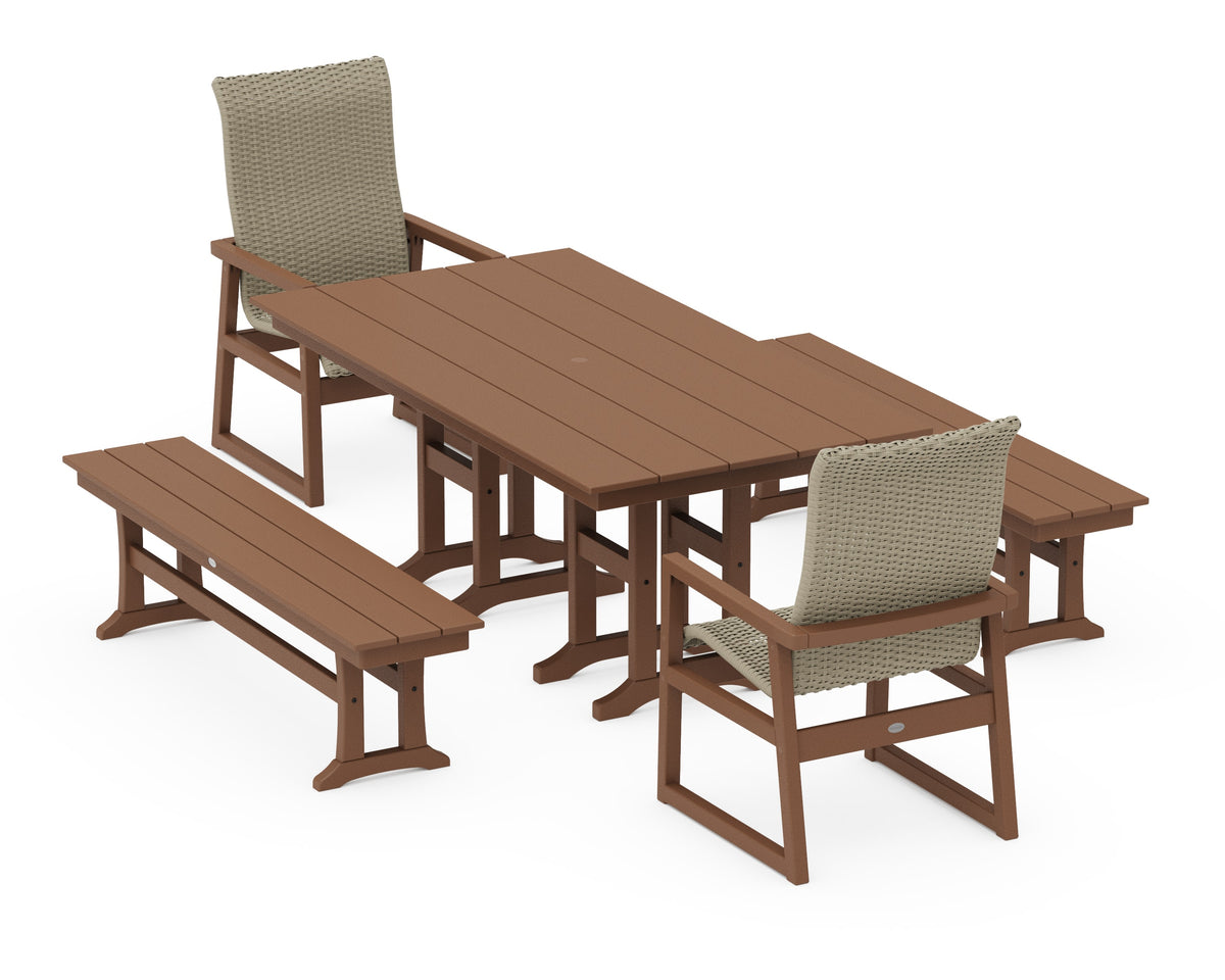POLYWOOD EDGE Woven High-Back 5-Piece Farmhouse Dining Set with Benches in Teak / Dune Grass