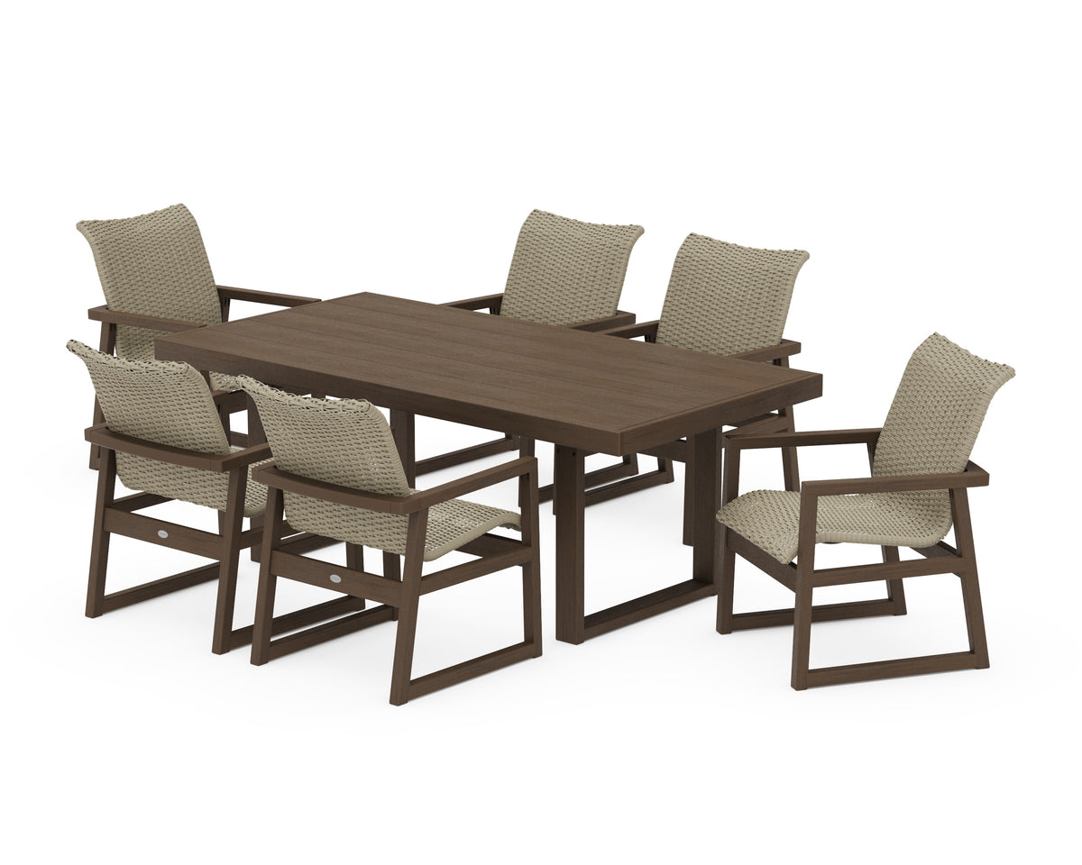 POLYWOOD EDGE Woven Arm Chair 7-Piece Dining Set in Kona / Dune Grass