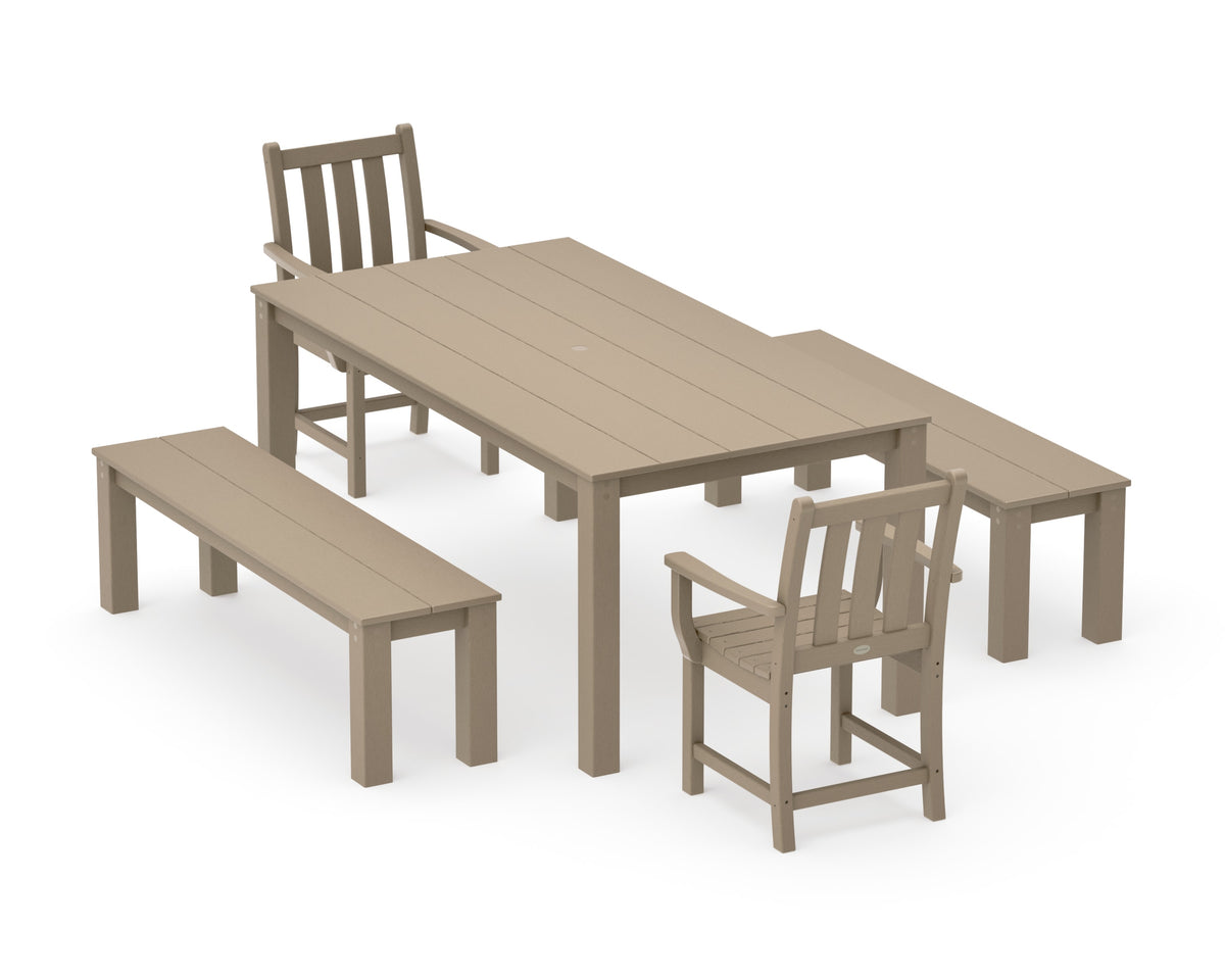 POLYWOOD Traditional Garden 5-Piece Parsons Dining Set with Benches in Vintage Sahara