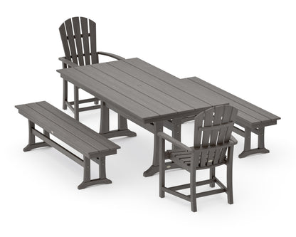 POLYWOOD Palm Coast 5-Piece Farmhouse Dining Set with Trestle Legs - 37" x 72" Table in Driftwood