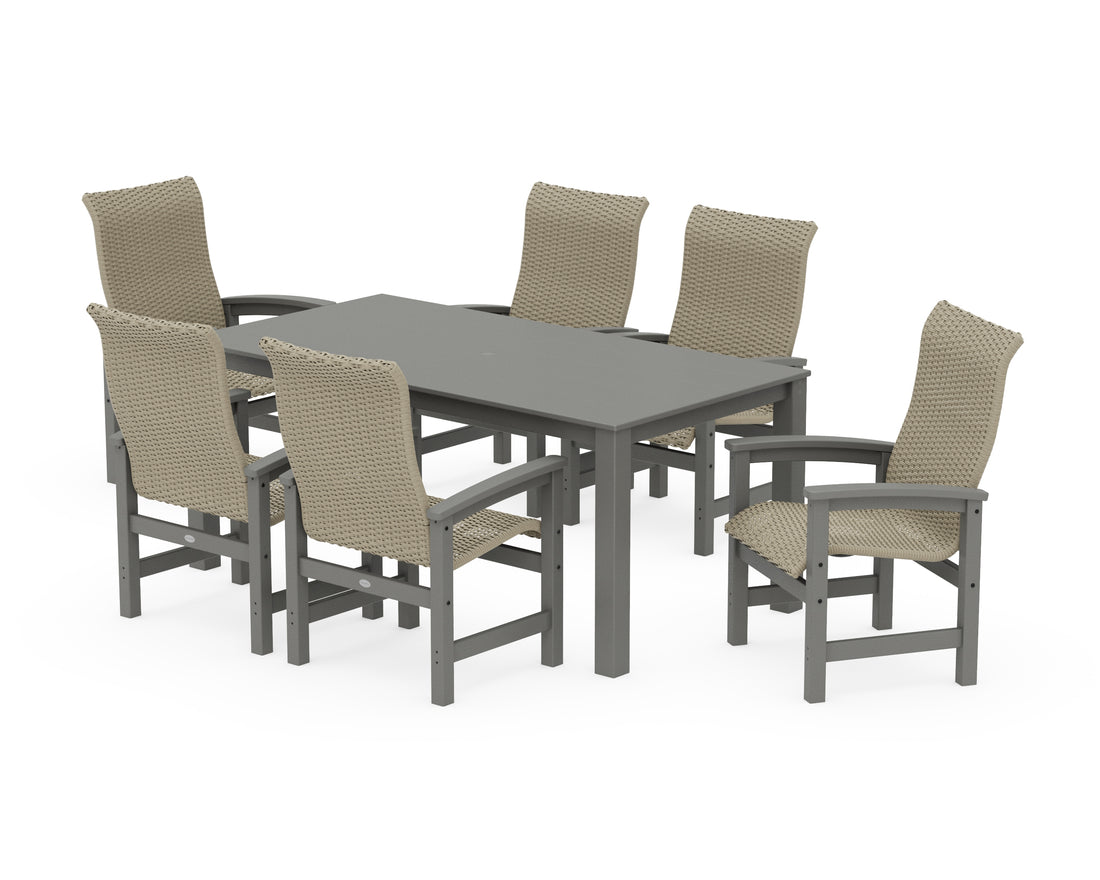 POLYWOOD Coastal Woven High-Back Arm Chair 7-Piece Parsons Dining Set in Slate Grey / Dune Grass