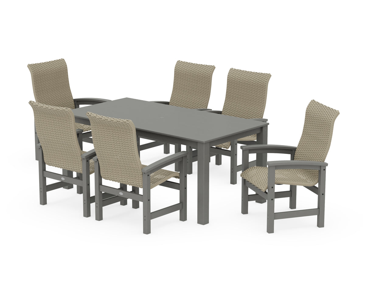 POLYWOOD Coastal Woven High-Back Arm Chair 7-Piece Parsons Dining Set in Slate Grey / Dune Grass