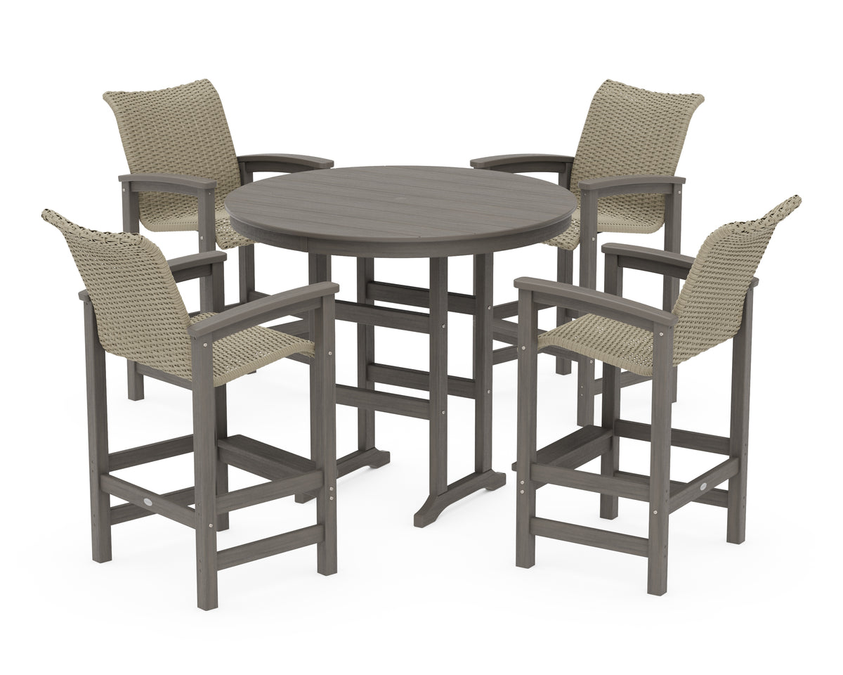 POLYWOOD Coastal Woven 5-Piece Round Farmhouse Bar Set in Driftwood / Dune Grass