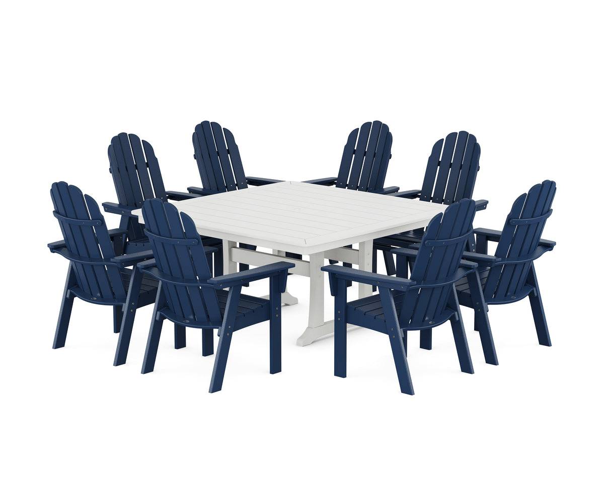 POLYWOOD Vineyard Curveback Adirondack 9-Piece Nautical Trestle Dining Set in Navy / White