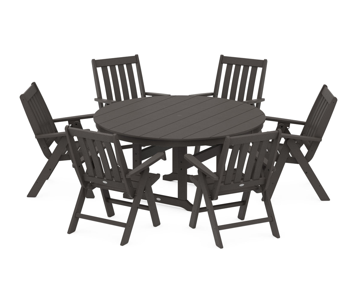 POLYWOOD Vineyard 7-Piece Folding Chair Round Farmhouse Dining Set in Vintage Coffee
