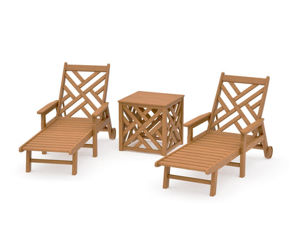 POLYWOOD Chippendale 3-Piece Chaise Set with Umbrella Stand Accent Table in Natural