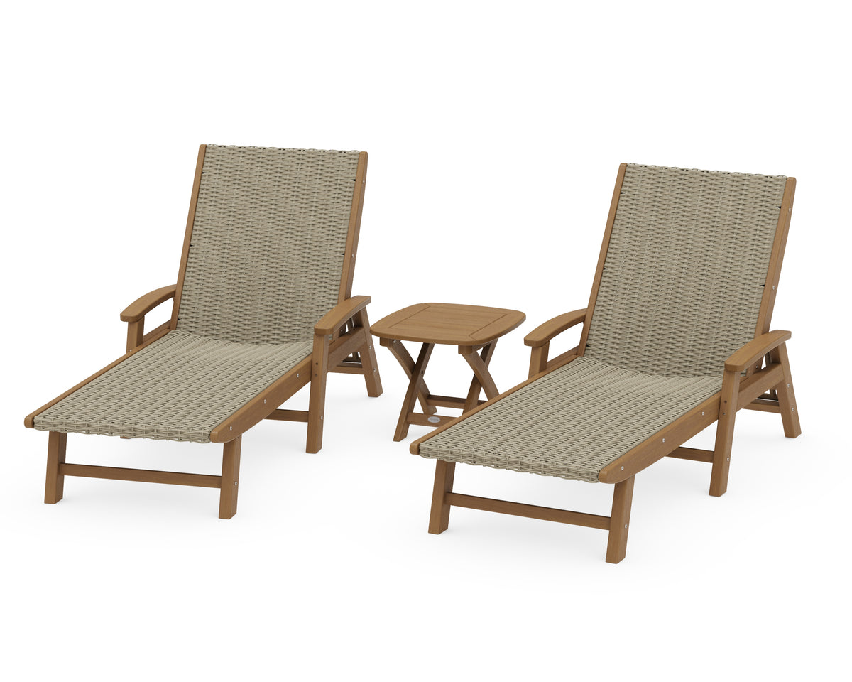 POLYWOOD 3-Piece Coastal Woven Chaise with Arms Lounge Set in Natural / Dune Grass
