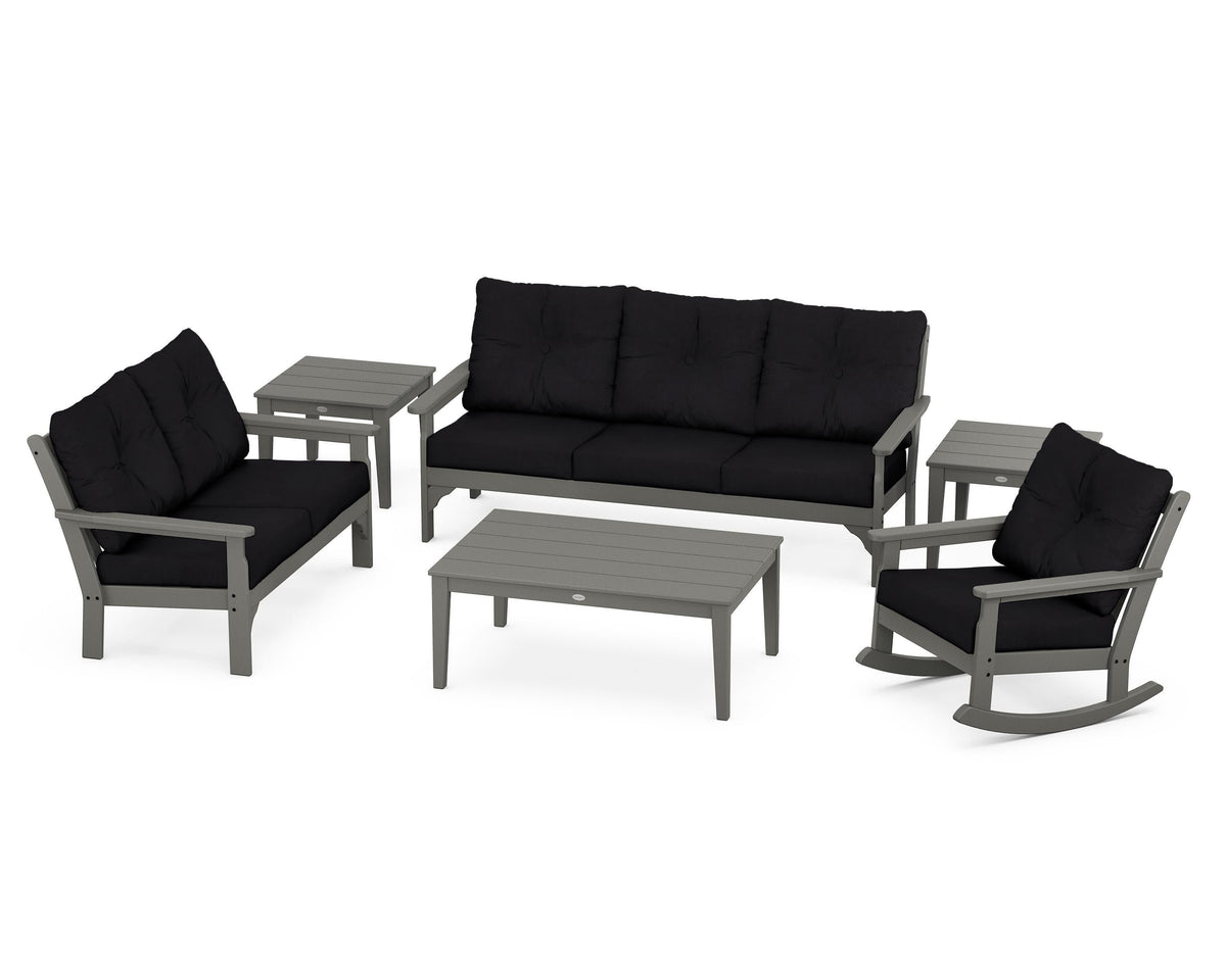 POLYWOOD Vineyard 6-Piece Deep Seating Set with Rocking Chair in Slate Grey / Midnight Linen