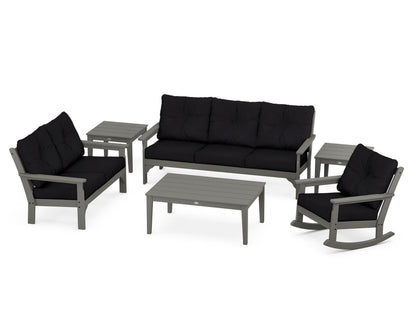 POLYWOOD Vineyard 6-Piece Deep Seating Set with Rocking Chair in Slate Grey / Midnight Linen