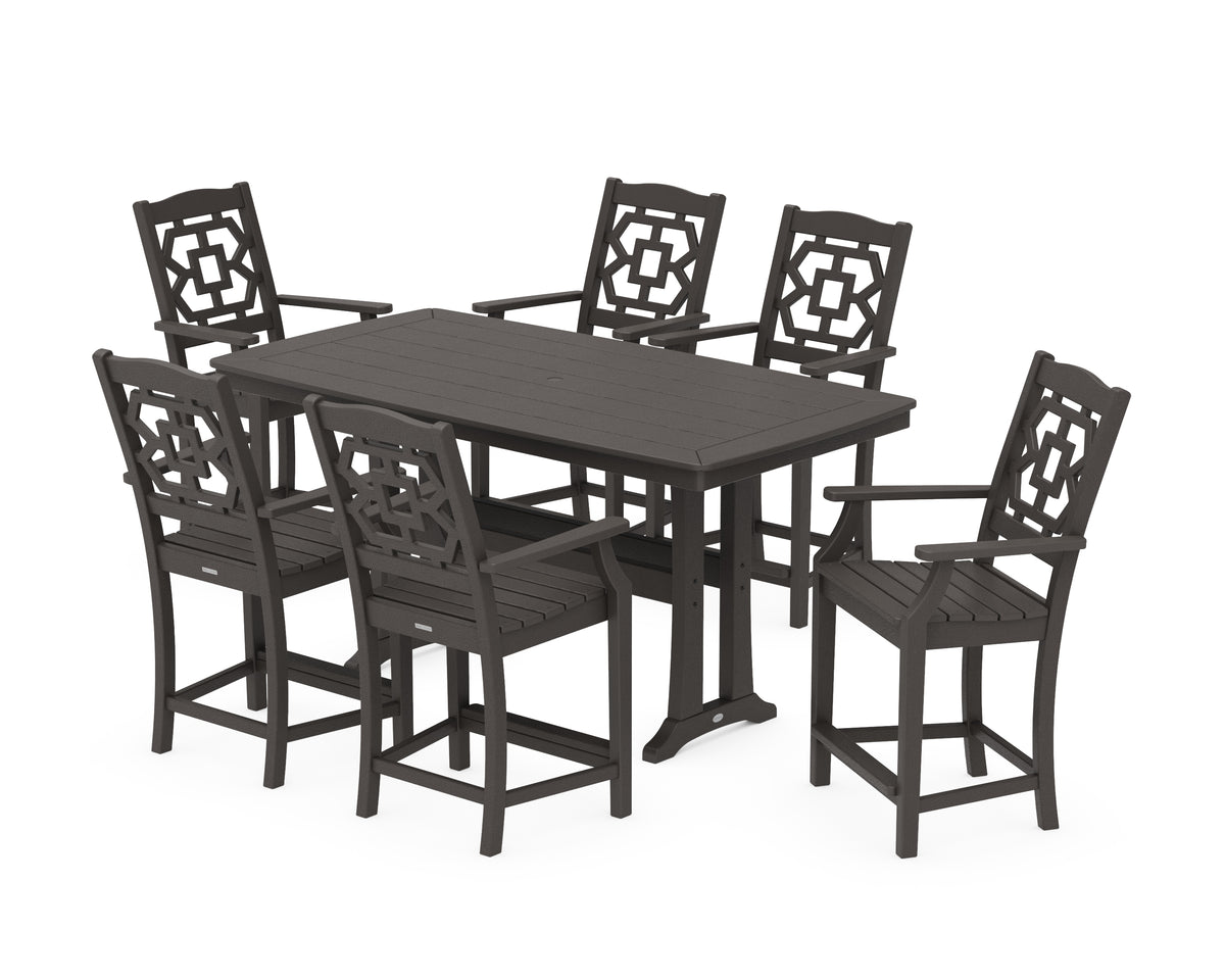 POLYWOOD Chinoiserie Arm Chair 7-Piece Counter Set with Trestle Legs in Vintage Coffee