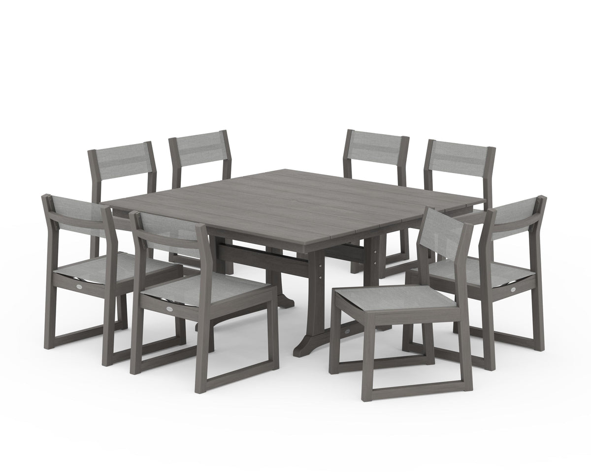 POLYWOOD EDGE Sling Side Chair 9-Piece Farmhouse Trestle Dining Set in Driftwood / Metallic