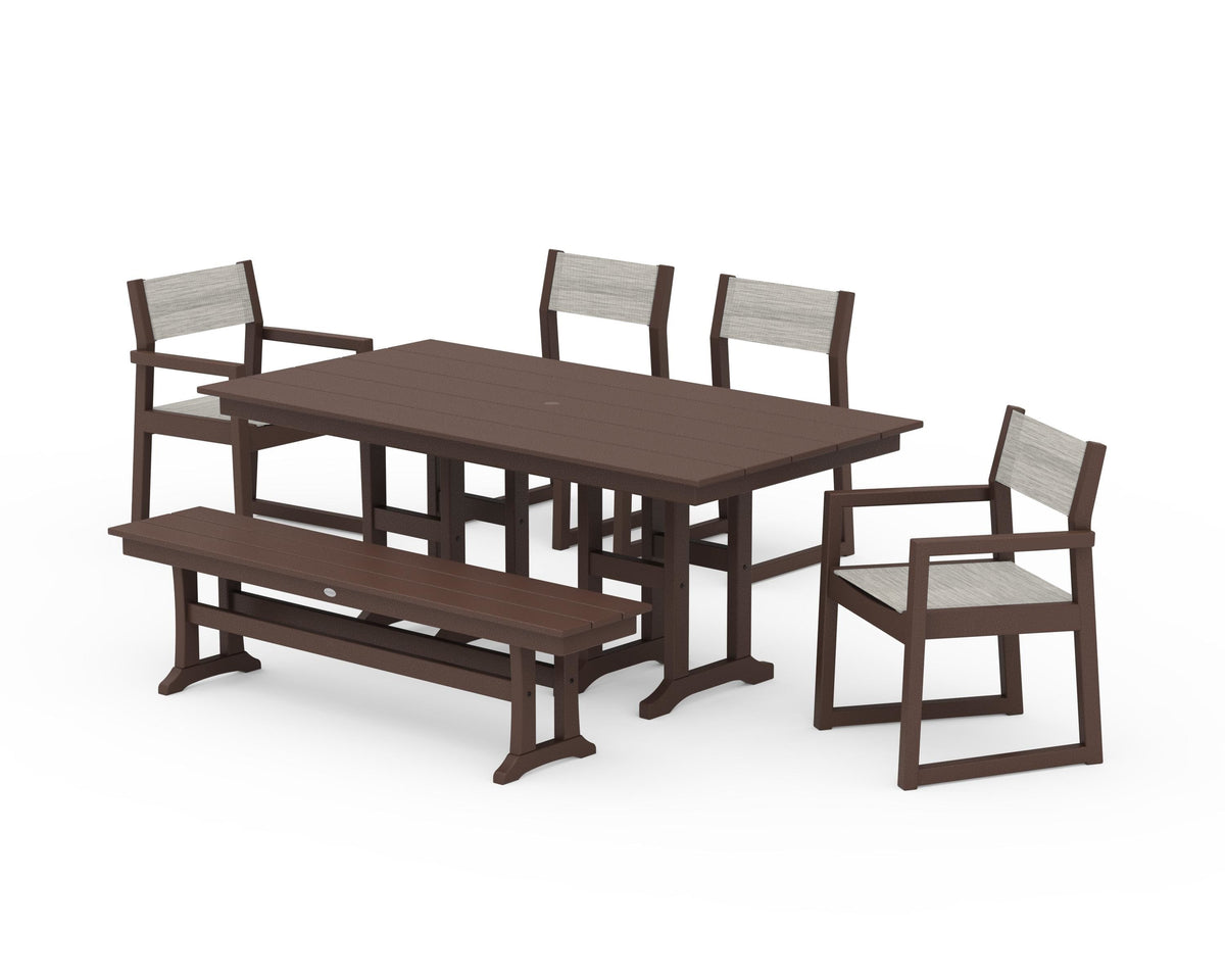 POLYWOOD EDGE Sling 6-Piece Farmhouse Dining Set in Mahogany / Birch