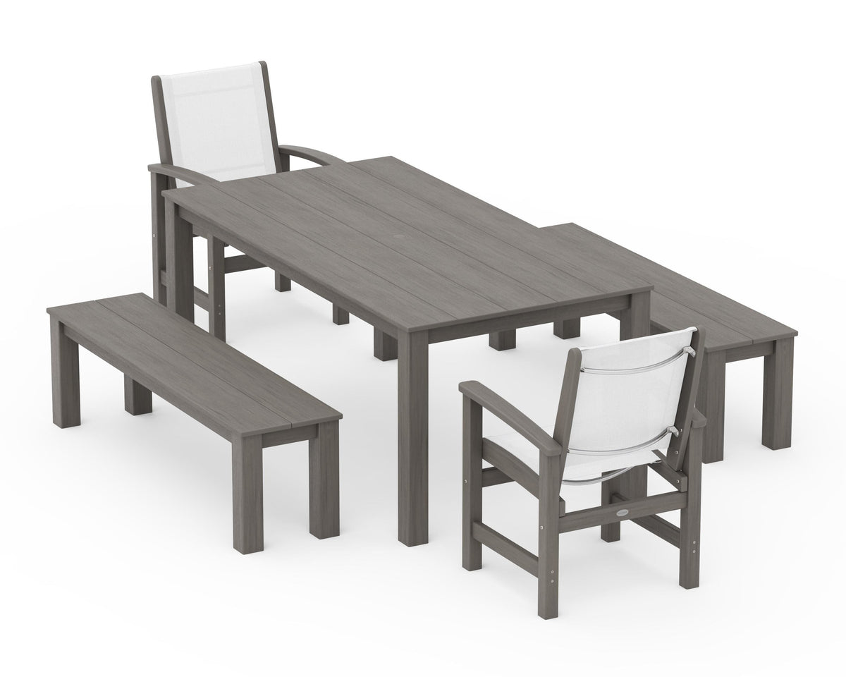 POLYWOOD Coastal 5-Piece Parsons Dining Set with Benches in Driftwood / White