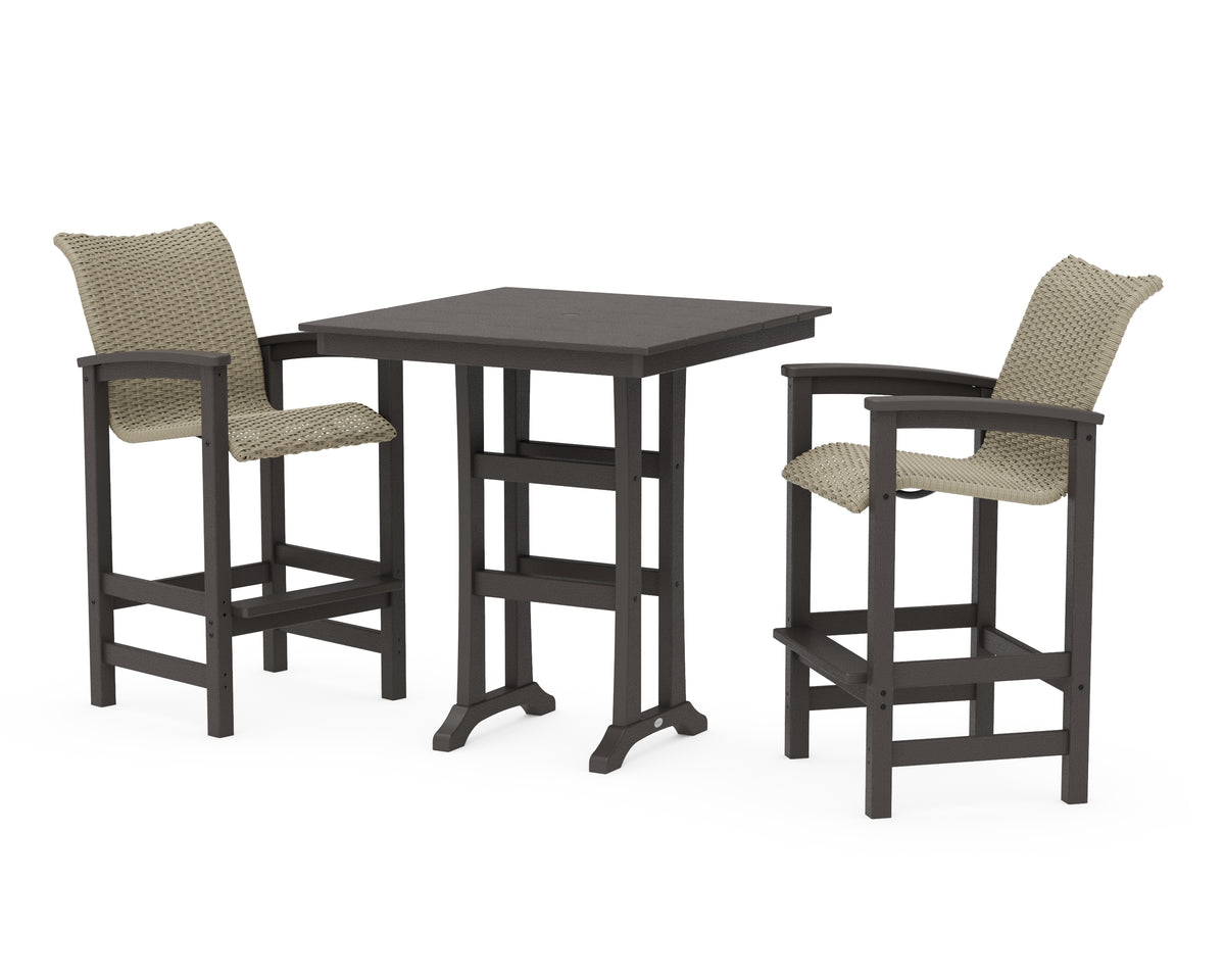 POLYWOOD Coastal Woven 3-Piece Farmhouse Bar Set with Trestle Legs in Vintage Coffee / Dune Grass