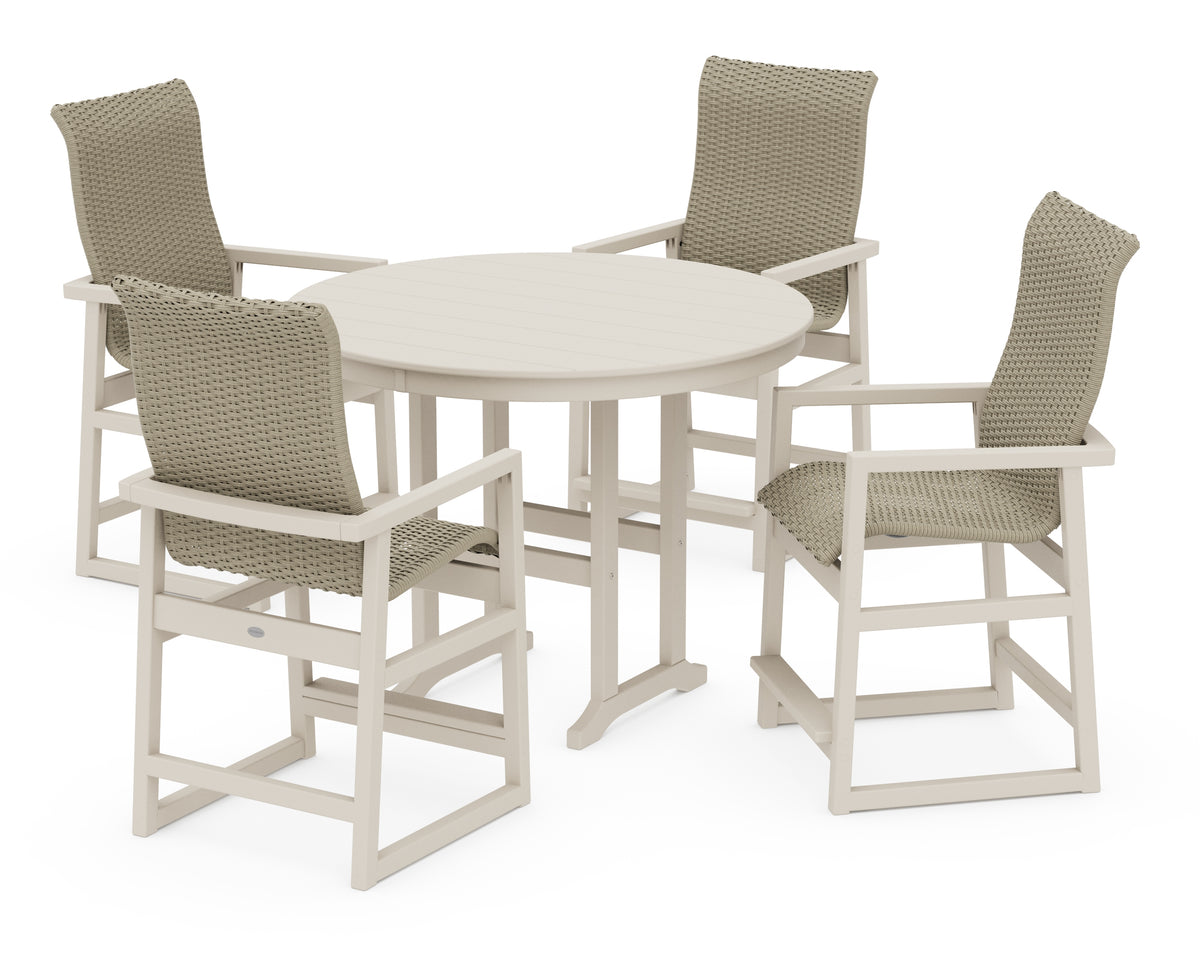 POLYWOOD EDGE Woven Highback 5-Piece Round Farmhouse Counter Set in Sand / Dune Grass