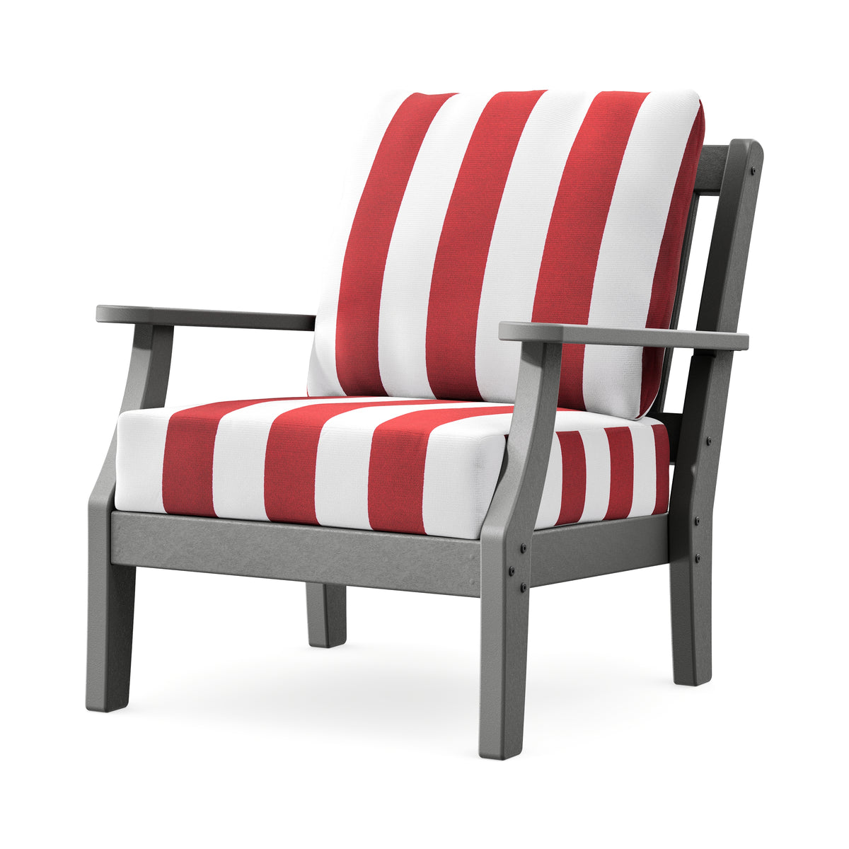 POLYWOOD Chinoiserie Deep Seating Chair in Slate Grey / Cabana Stripe Crimson