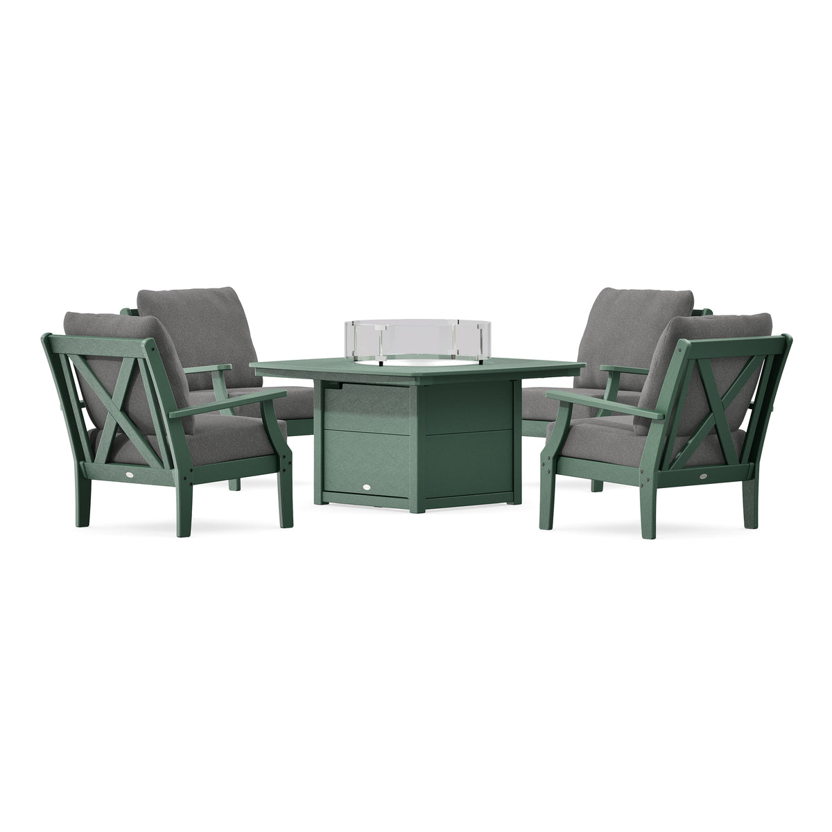 POLYWOOD Braxton 5-Piece Deep Seating Conversation Set with Fire Pit Table in Green