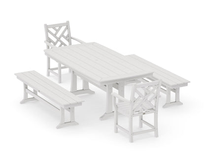POLYWOOD Chippendale 5-Piece Dining Set with Trestle Legs - 38" x 73" Table in Vintage White
