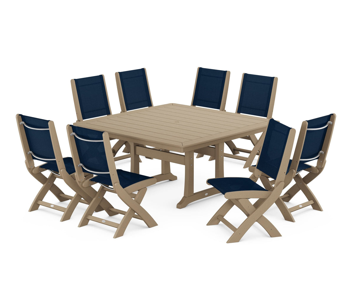 POLYWOOD Coastal Folding Side Chair 9-Piece Dining Set with Trestle Legs in Vintage Sahara / Navy Blue