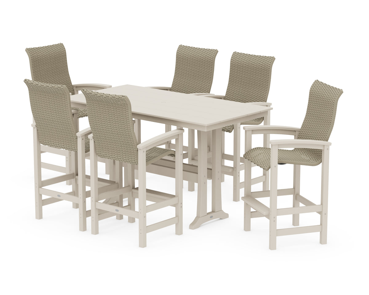 POLYWOOD Coastal Woven High-Back Arm Chair 7-Piece Farmhouse Bar Set with Trestle Legs in Sand / Dune Grass