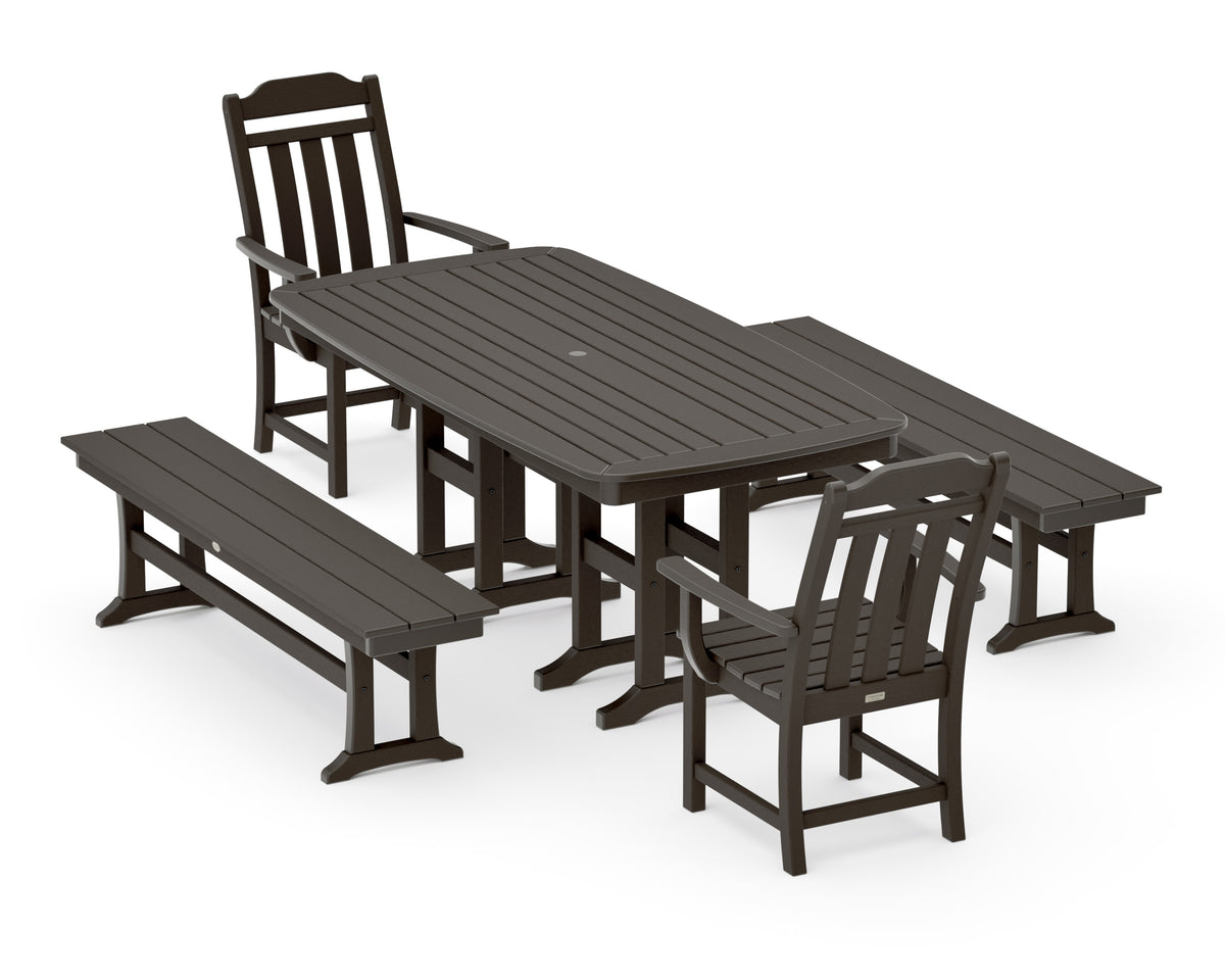 POLYWOOD Cottage 5-Piece Dining Set with Benches in Vintage Coffee