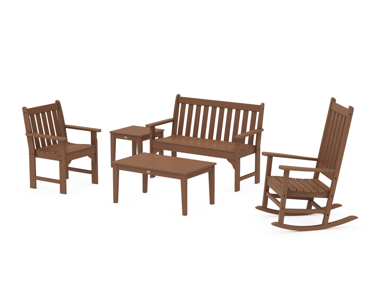 POLYWOOD Vineyard 5-Piece Bench &amp; Rocking Chair Set in Teak