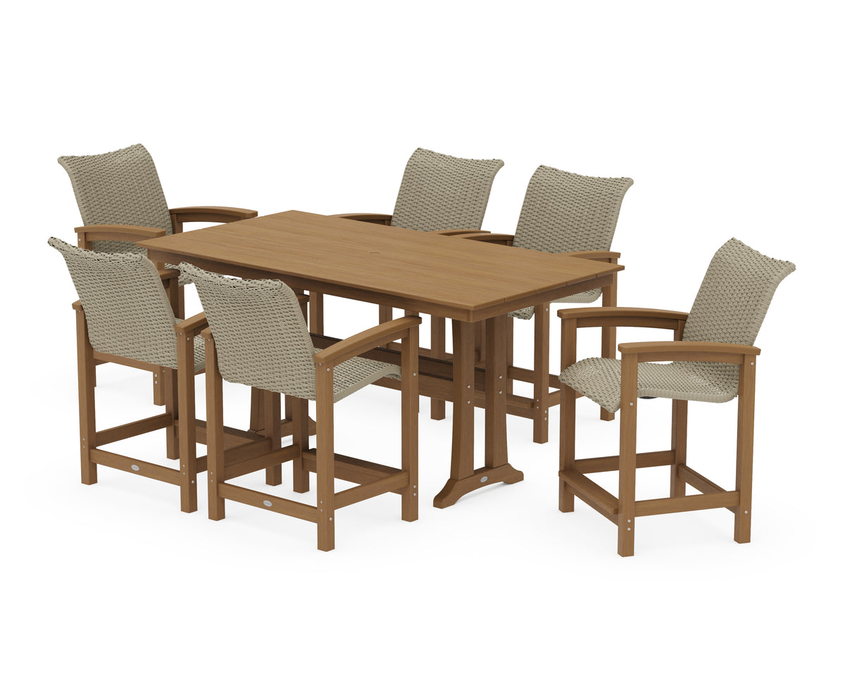POLYWOOD Coastal Woven Arm Chair 7-Piece Farmhouse Counter Set with Trestle Legs in Natural / Dune Grass