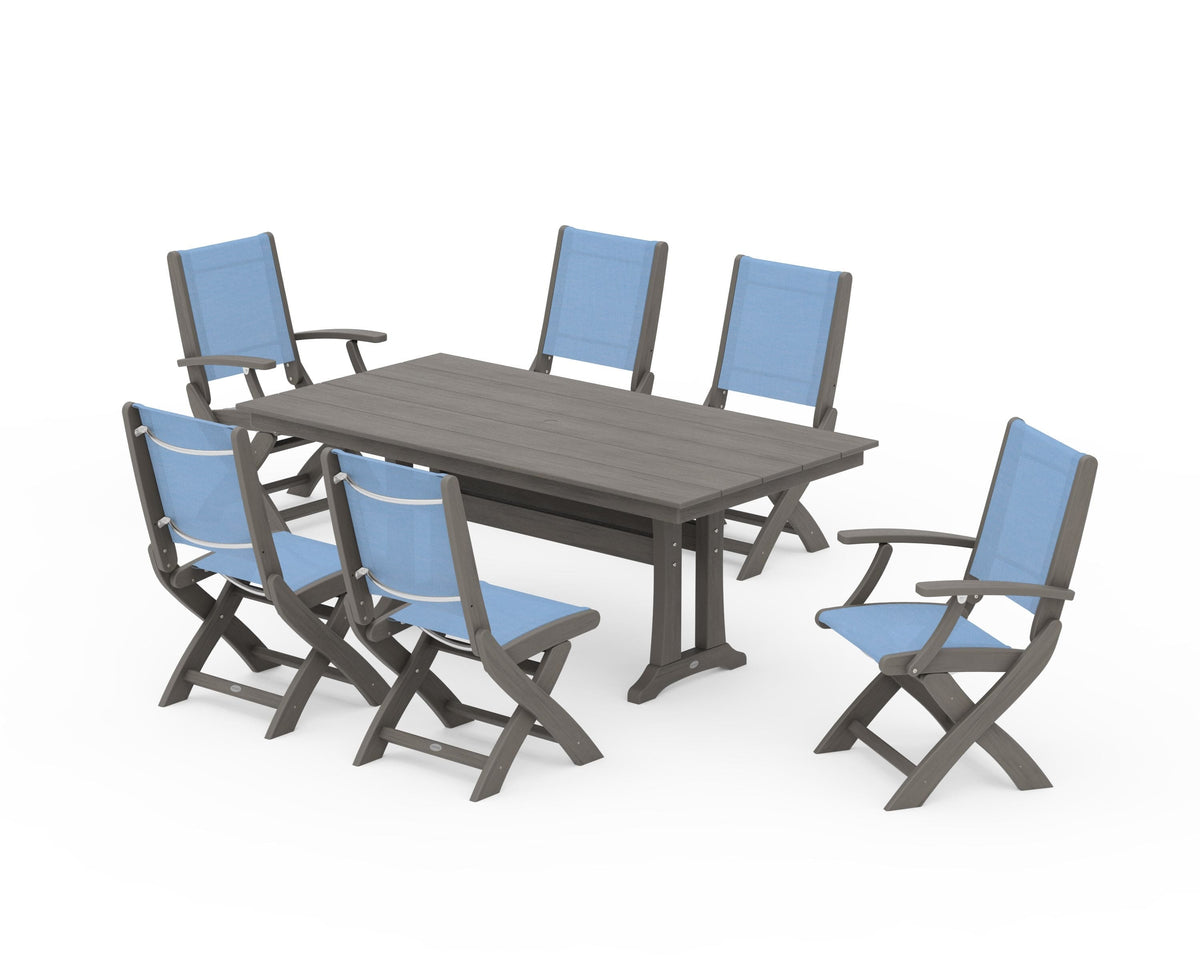 POLYWOOD Coastal Folding Chair 7-Piece Farmhouse Dining Set with Trestle Legs in Driftwood / Poolside