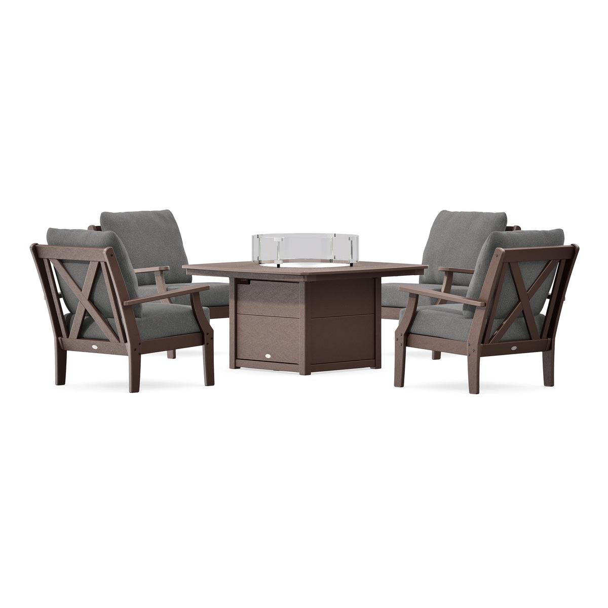 POLYWOOD Braxton 5-Piece Deep Seating Conversation Set with Fire Pit Table in Mahogany