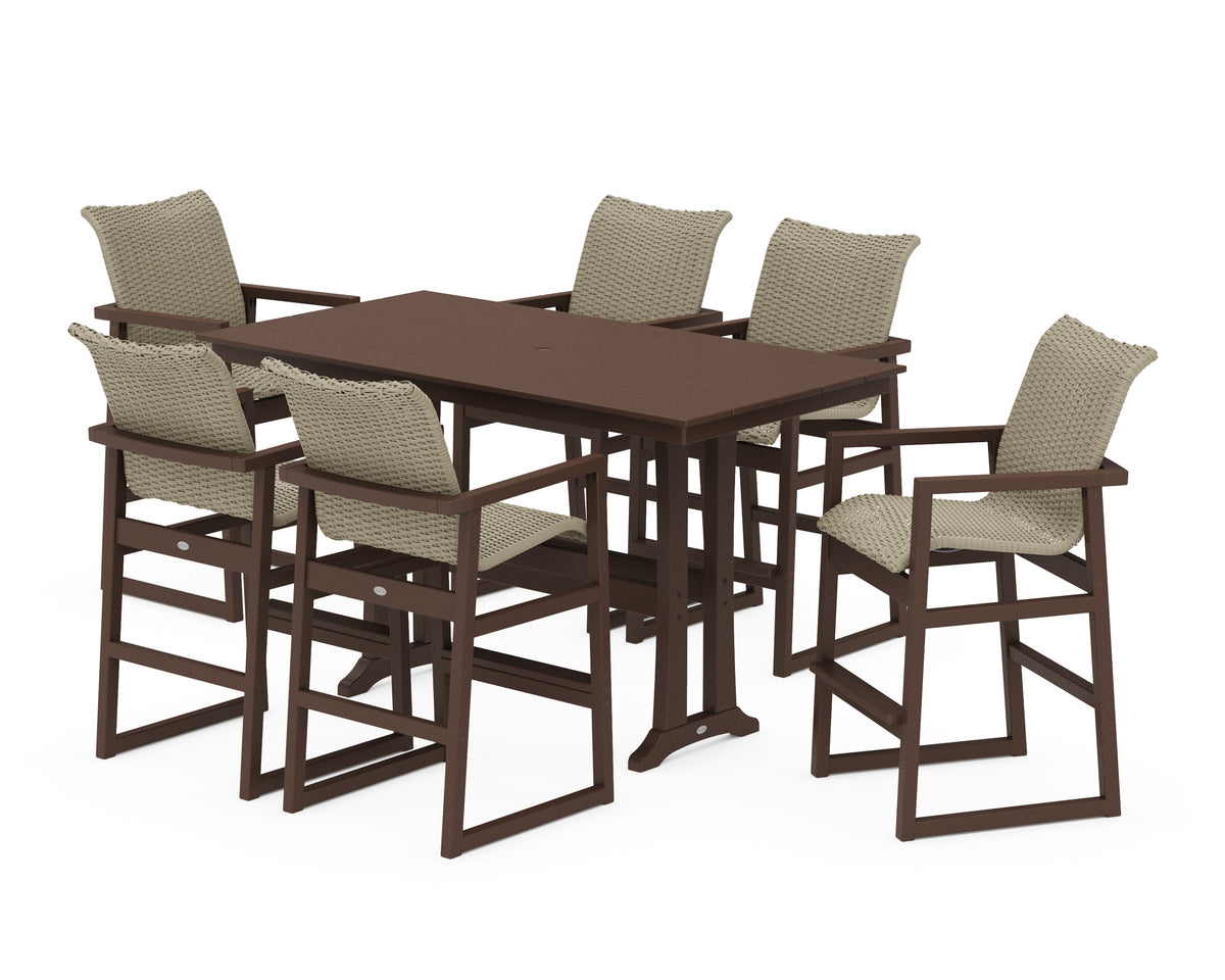 POLYWOOD EDGE Woven Arm Chair 7-Piece Farmhouse Bar Set with Trestle Legs in Mahogany / Dune Grass