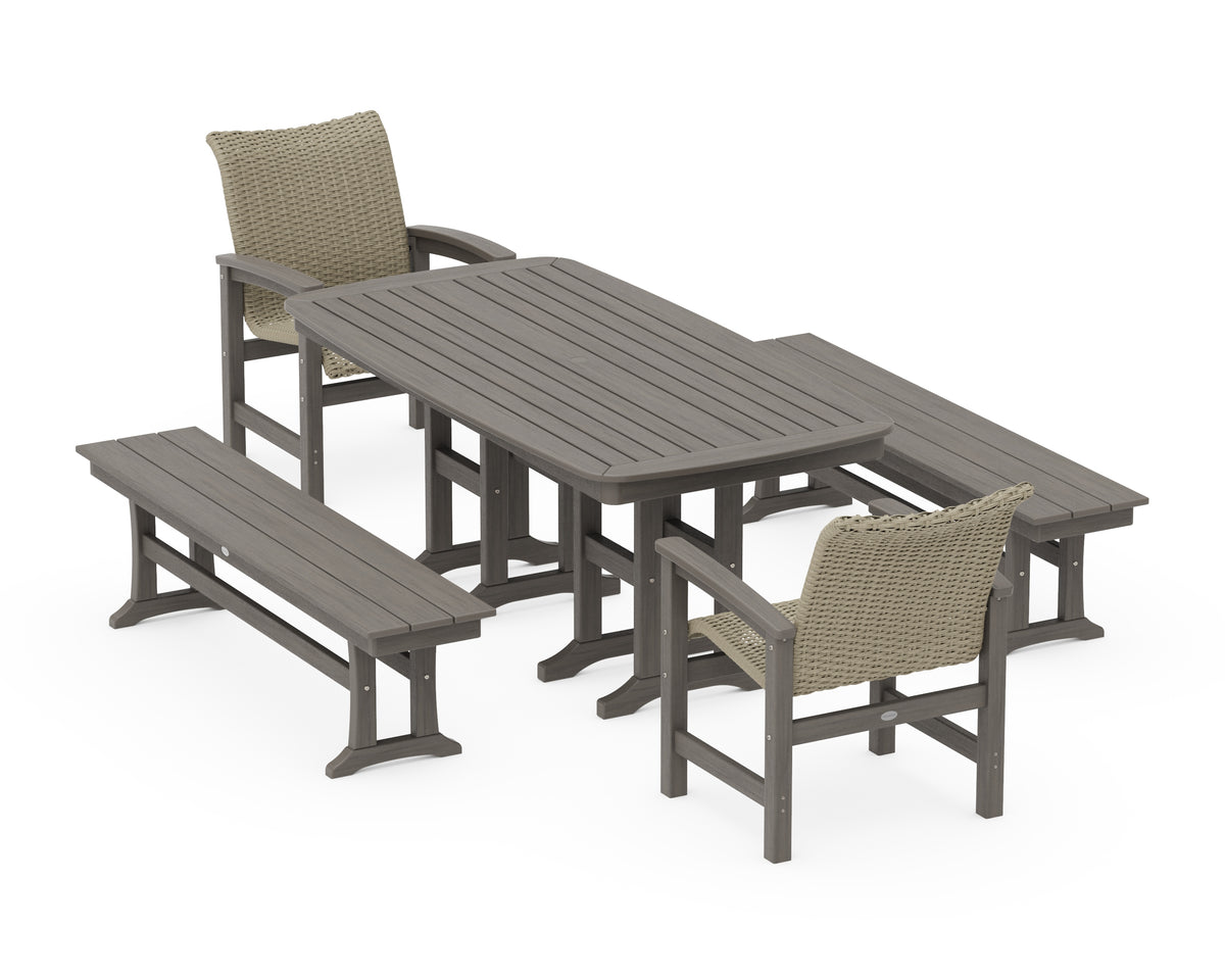 POLYWOOD Coastal Woven 5-Piece Dining Set with Benches in Driftwood / Dune Grass
