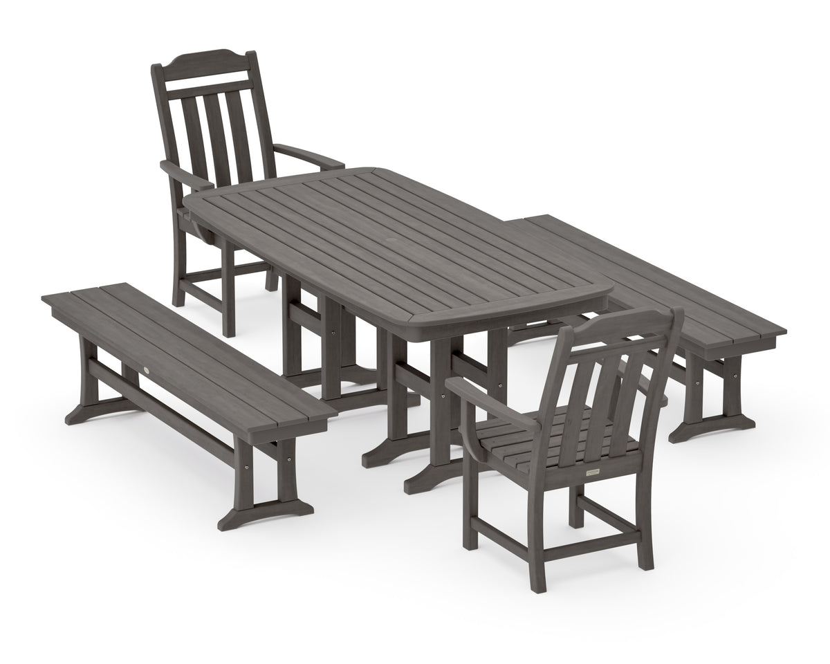 POLYWOOD Cottage 5-Piece Dining Set with Benches in Driftwood
