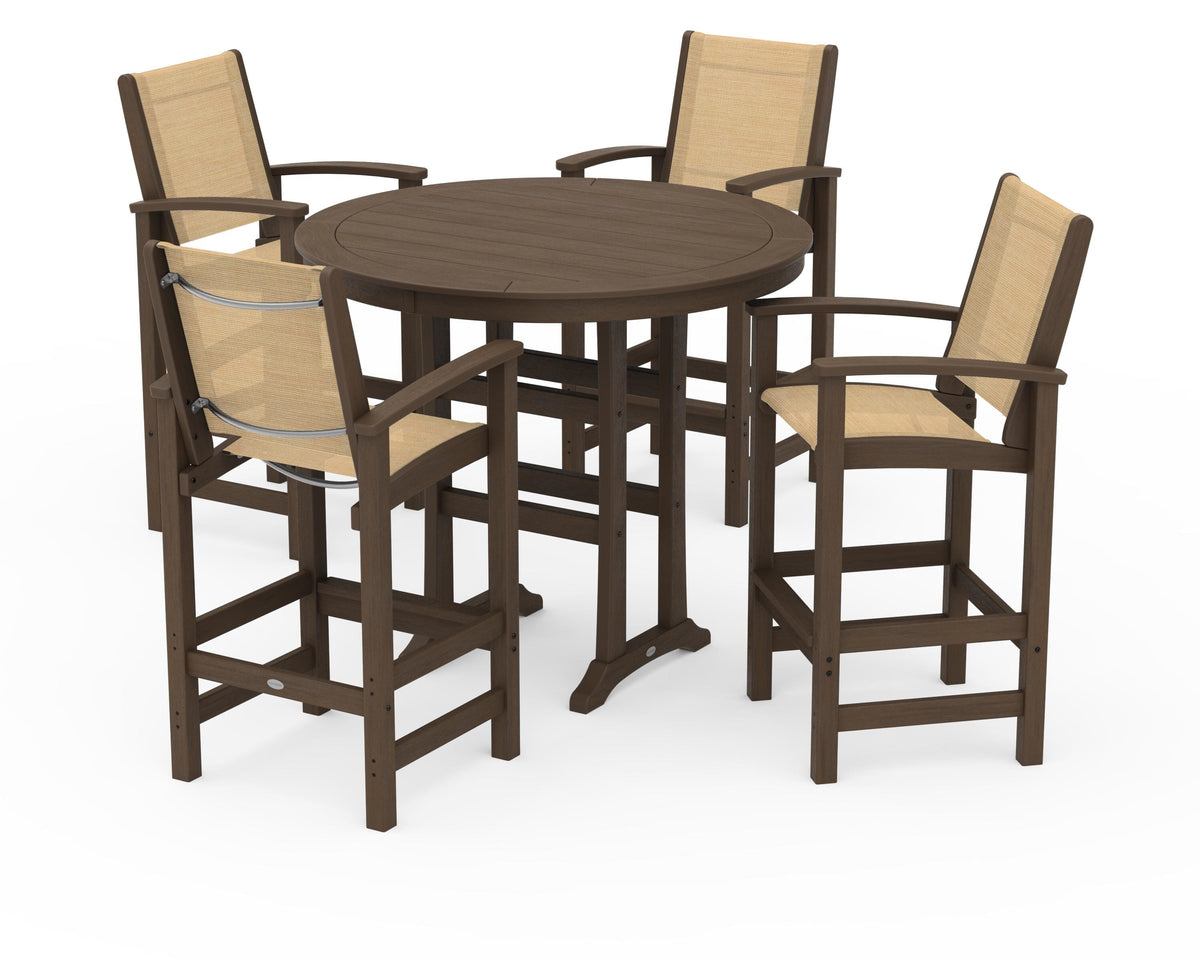 POLYWOOD Coastal 5-Piece Nautical Trestle Bar Set in Kona / Dupioni Apricot