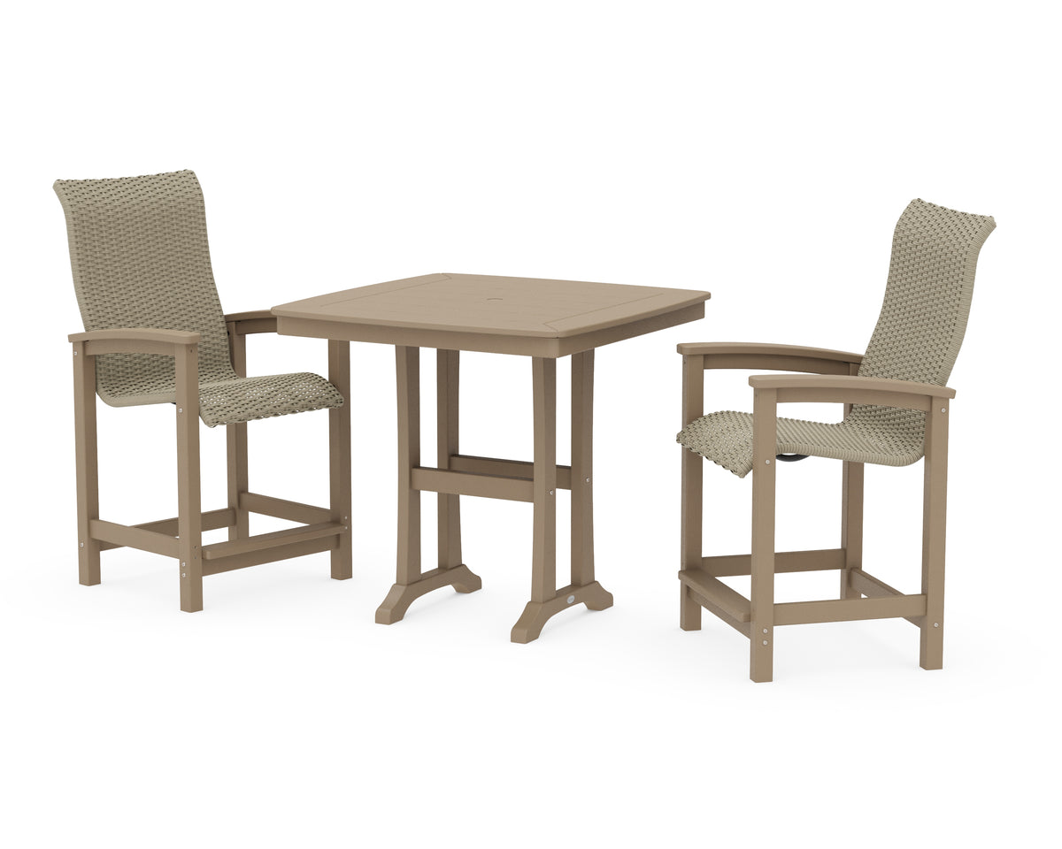 POLYWOOD Coastal Woven High-Back 3-Piece Counter Set with Trestle Legs in Vintage Sahara / Dune Grass
