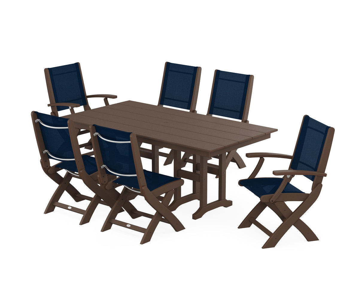 POLYWOOD Coastal Folding Chair 7-Piece Farmhouse Dining Set in Mahogany / Navy Blue