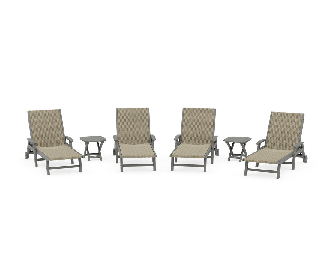 POLYWOOD 6-Piece Coastal Woven Chaise with Arms and Wheels Lounge Set in Slate Grey / Dune Grass