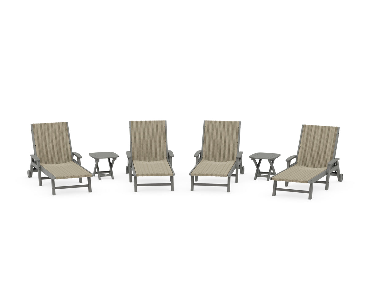 POLYWOOD 6-Piece Coastal Woven Chaise with Arms and Wheels Lounge Set in Slate Grey / Dune Grass
