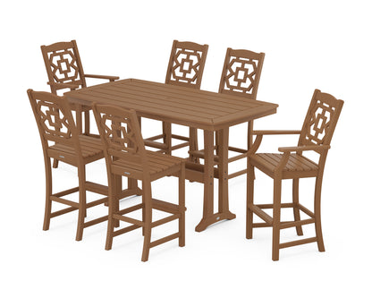 POLYWOOD Chinoiserie 7-Piece Bar Set with Trestle Legs in Teak